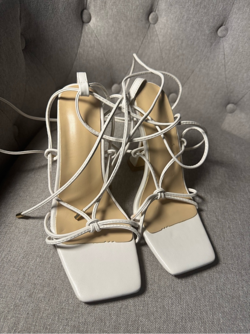 Strappy White Square-Toe Lace-Up Heeled Sandals